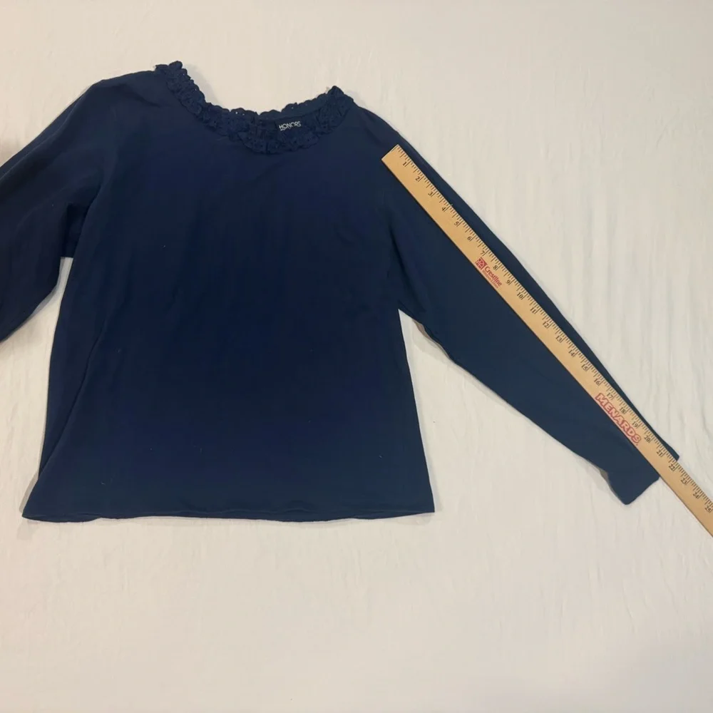 Girls‎ Navy Long Sleeve Blouse Lace Neck Cotton Shirt Size XL 12 14